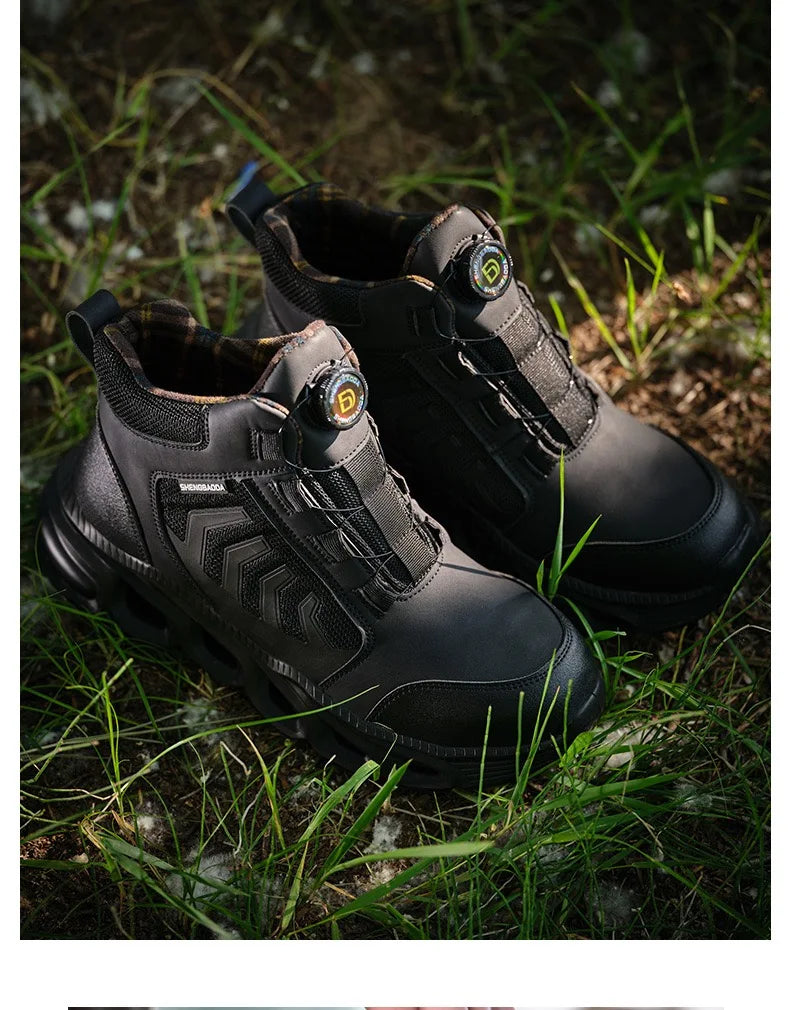 Zapatos de seguridad para hombre, de caña alta, universales para las cuatro estaciones, con hebilla giratoria antideslizante, puntera de acero, antiaplastamiento y antiperforación.