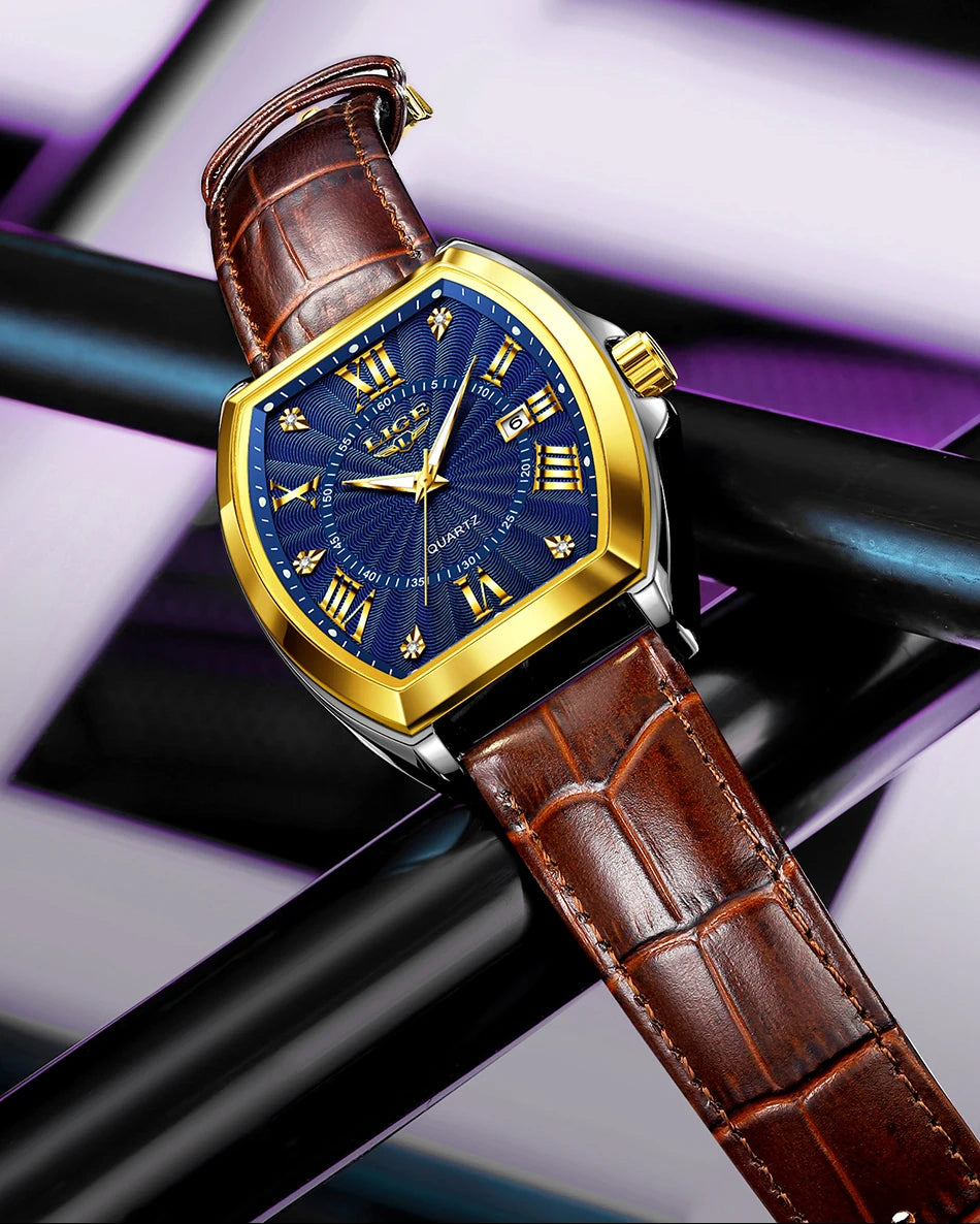 LIGE - Nuevos relojes militares para hombre, marca original de lujo, de cuero, de cuarzo, cronógrafo cuadrado resistente al agua