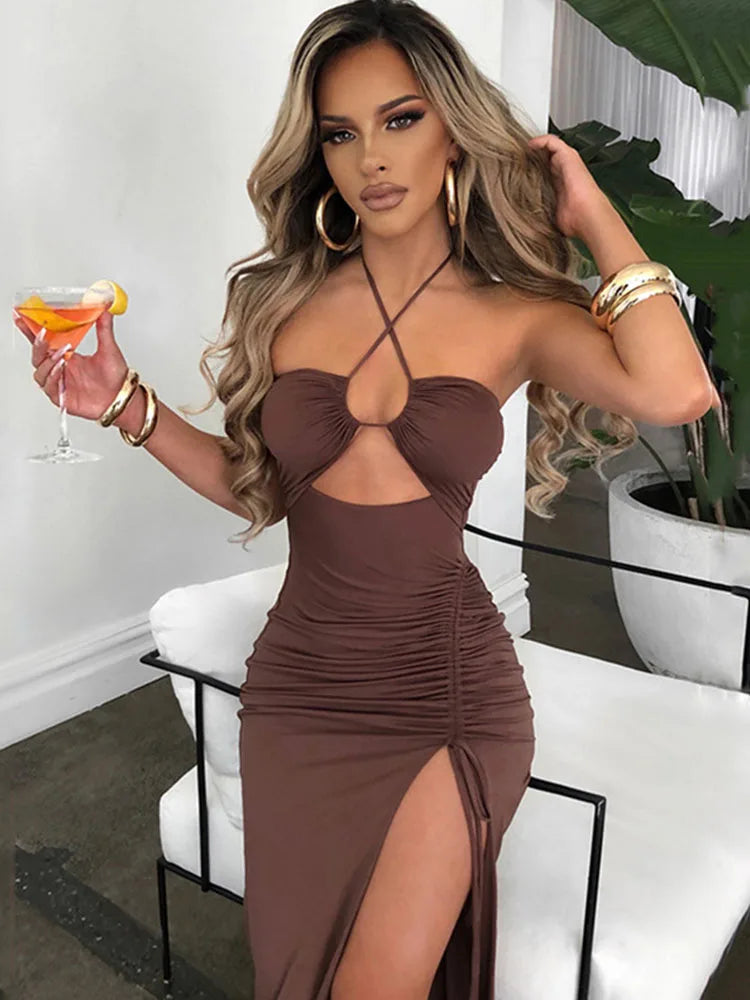 Vestido midi ajustado sin mangas, sexy, con espalda descubierta y escote en V para mujer, para fiesta y club nocturno