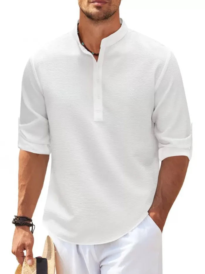 Camisas de manga larga de algodón y lino para hombre, de gran oferta, para primavera y otoño, de color liso, con cuello alto, estilo playero informal, tallas grandes S-5XL