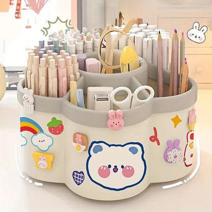 Organizador de escritorio giratorio con múltiples compartimentos, material PP duradero, ideal para organizar escritorios en dormitorios y oficinas.