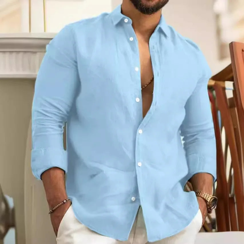 Camisa lisa de lino y algodón de color liso para hombre, camisa clásica de manga larga con solapa y botones, holgada, a la moda para primavera y verano