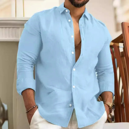 Camisa lisa de lino y algodón de color liso para hombre, camisa clásica de manga larga con solapa y botones, holgada, a la moda para primavera y verano