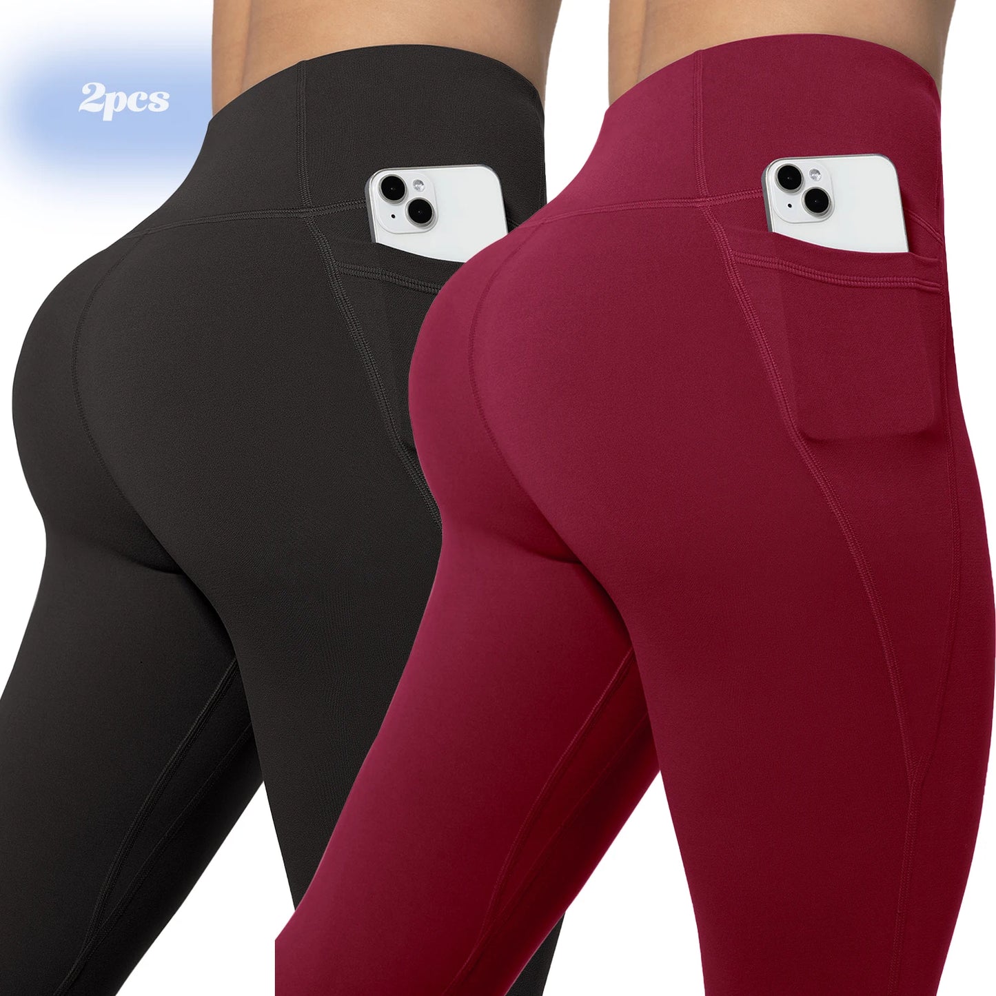 Leggings de yoga para mujer, 2 unidades, con bolsillos, color liso, para gimnasio, actividades al aire libre, cintura alta, ajustados, pantalones deportivos para correr.