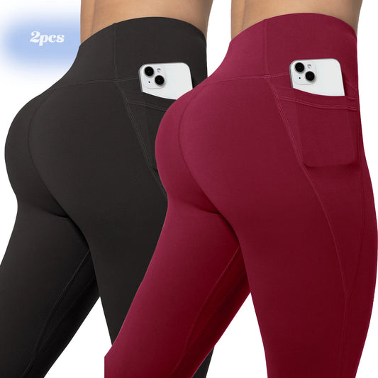 Leggings de yoga para mujer, 2 unidades, con bolsillos, color liso, para gimnasio, actividades al aire libre, cintura alta, ajustados, pantalones deportivos para correr.