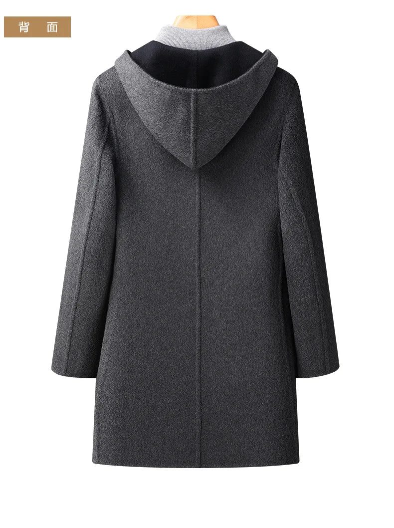 Gabardina de lana de doble faz de lujo y máxima calidad para hombre, estilo otoño-invierno, de largo medio y con capucha.