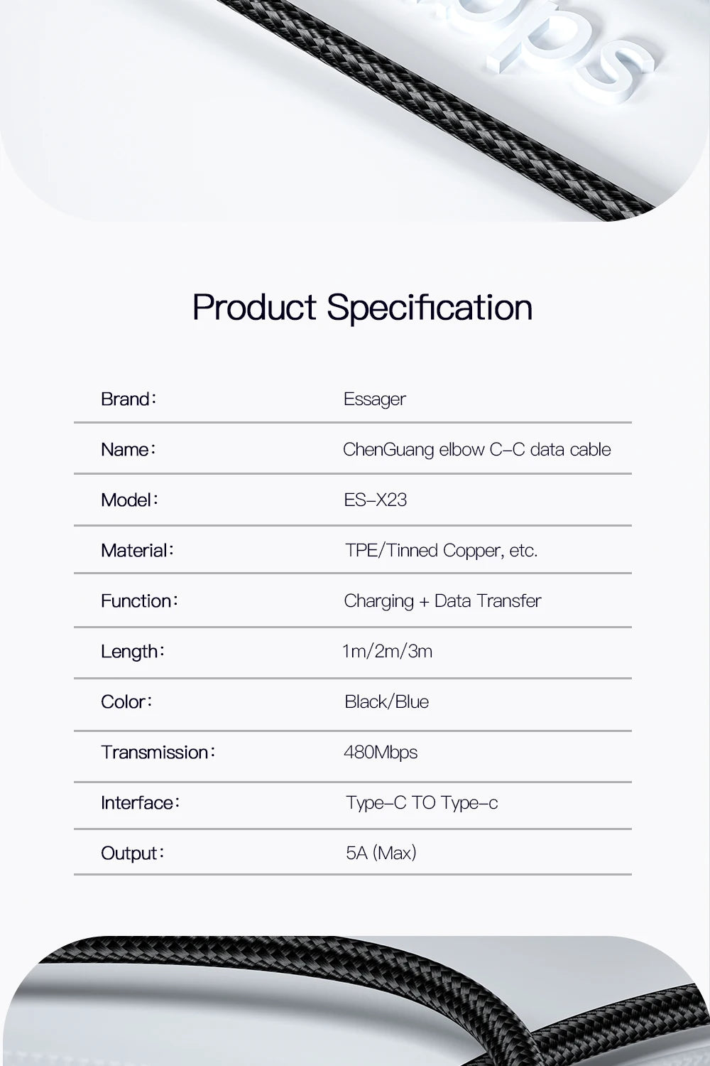 Cable USB tipo C a USB tipo C Essager de 100 W con ángulo de 90 grados para iPad, MacBook Pro, Xiaomi, Samsung y Huawei, carga rápida tipo C.