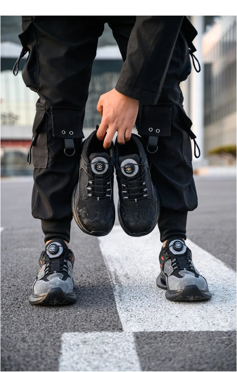 Zapatos de seguridad de trabajo con botón giratorio para hombres y mujeres, zapatos con puntera de acero, botas de seguridad indestructibles, zapatillas de trabajo protectoras ligeras.