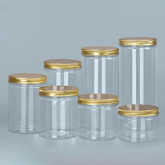 Frasco de plástico transparente de 15 tamaños con tapas de aluminio rosa, contenedor vacío para crema facial, contenedor de cosméticos, botellas rellenables de viaje doradas.