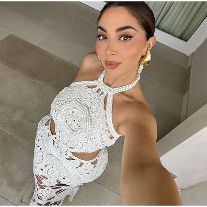 Vestido largo de punto con cuello halter y estampado floral, sexy, sin mangas y con espalda descubierta, estilo maxi, colección 2024. Ideal para la playa y las vacaciones.