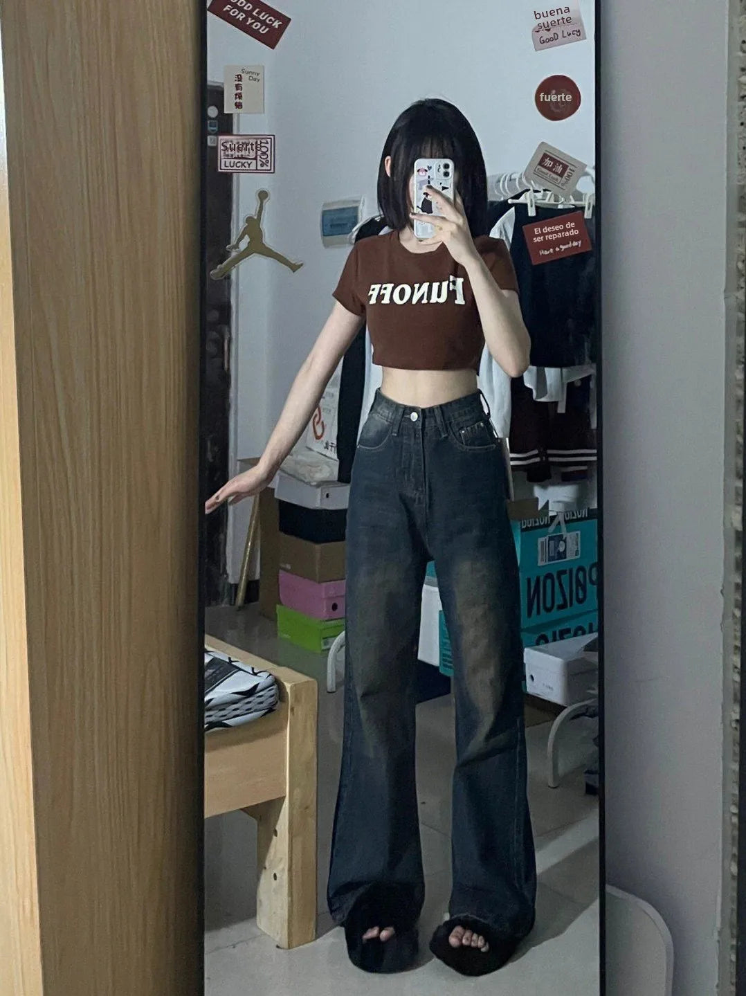 Pantalones vaqueros acampanados de pierna ancha y descoloridos estilo retro para mujer, nuevos de 2025, de cintura alta, holgados y adelgazantes, hasta el suelo.