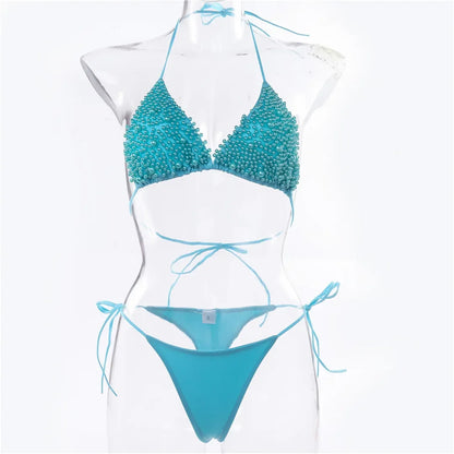 Bikini de lujo con perlas y escote halter, mini bikinis, micro bikinis, traje de baño femenino, conjunto de bikini de dos piezas, traje de baño para mujer