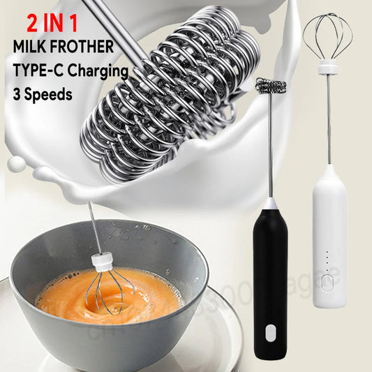 Espumador de leche eléctrico + batidor de huevos inalámbrico con carga tipo C, 3 velocidades, miniespumador de mano, batidor de café, herramientas de cocina