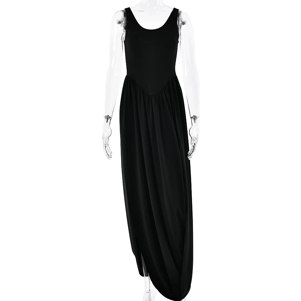 Vestido largo sexy con abertura alta JULISSA MO para mujer, negro, sin mangas, de talle alto, ideal para otoño, elegante y ajustado, perfecto para fiestas y discotecas (2024)