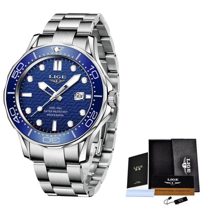LIGE - Reloj de buceo de lujo para hombre, marca superior, resistente al agua hasta 3 ATM, con fecha, deportivo, de cuarzo, Masculino