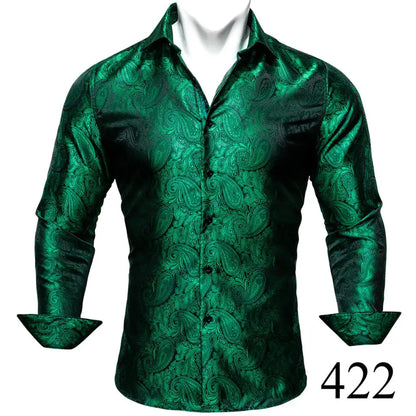 Camisas clásicas negras estampadas y bordadas para hombre, solapa de seda, manga larga, corte formal exquisito, ideales para eventos de negocios y fiestas. Barry.Wang CY-0407