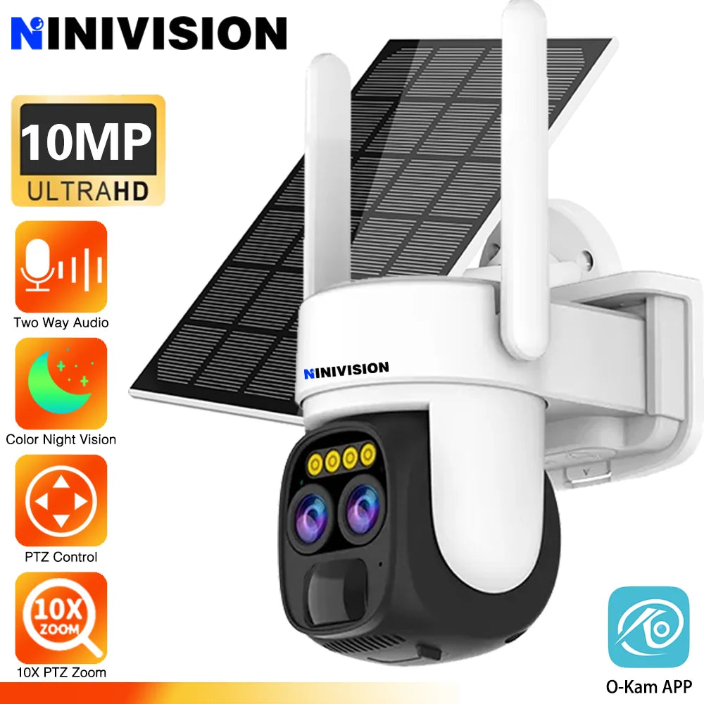 Cámara IP de vigilancia CCTV con zoom PTZ 10X, 10MP, 5K, WiFi, doble lente, audio, seguimiento automático por IA, zoom óptico 10X, 10MP, WiFi y alimentación solar.