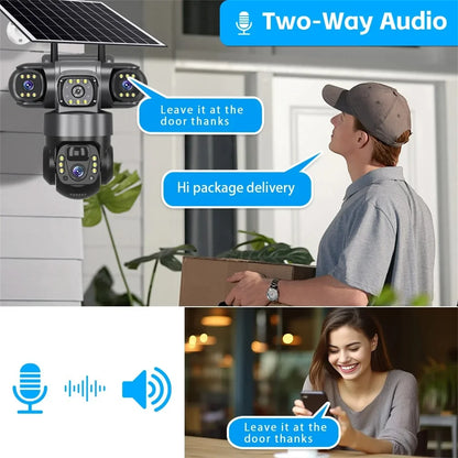 Cámara IP WiFi de 15 MP y 8K con tres lentes, resistente al agua y con carga solar para exteriores. Incluye visión nocturna, audio bidireccional y detección humana. Cámara de seguridad CCTV.