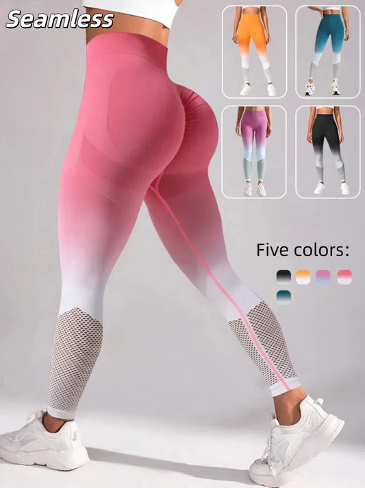 Pantalones de yoga con efecto degradado y diseño hueco, sin costuras, realce de glúteos, cintura alta, mallas deportivas ajustadas, leggings de entrenamiento de alta elasticidad para mujer.