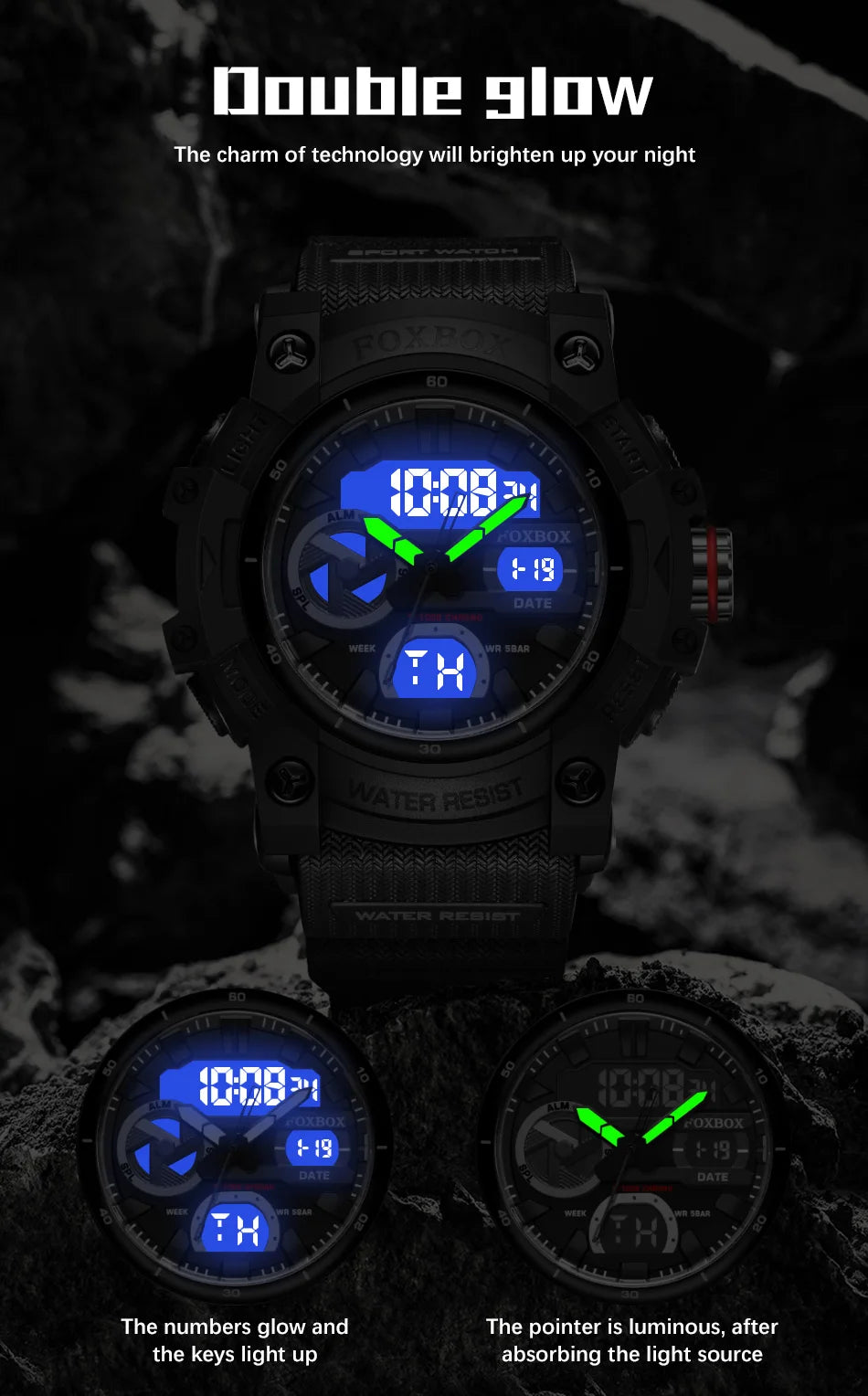 FOXBOX TOP Relojes para hombre, reloj de pulsera de cuarzo, resistente al agua, con pantalla de doble horario, reloj militar para hombre, reloj para hombre + CAJA
