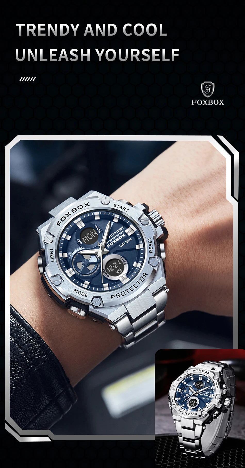 FOXBOX Relojes deportivos de lujo para hombre, reloj de pulsera de cuarzo de lujo, acero, resistente al agua, doble pantalla, relojes militares para hombre, reloj hommes