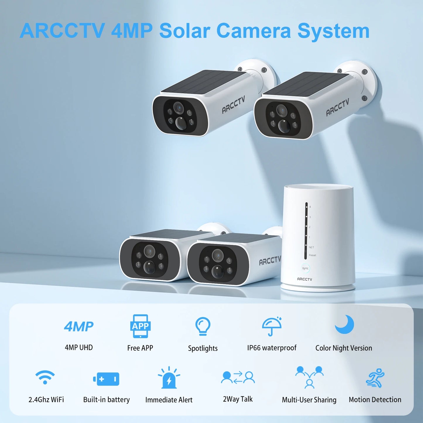 Kit de cámara ARCCTV de 4 MP con batería solar y wifi, sistema de vigilancia y alarma con sirena y detección humanoide, para exteriores.