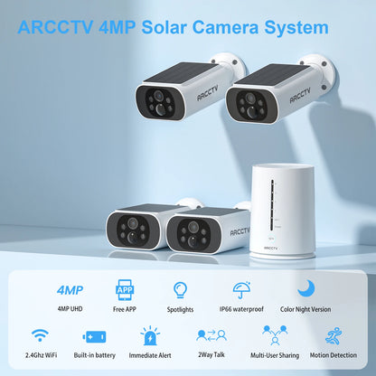 Kit de cámara ARCCTV de 4 MP con batería solar y wifi, sistema de vigilancia y alarma con sirena y detección humanoide, para exteriores.