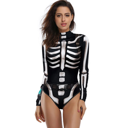 [You're My Secret] Halloween Costume Cosplay Skeleton Print Zenti Bodysuits Carnival Party Jumpsuit Outfit Women Day of The Dead