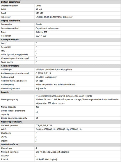 Videoportero Hikvision DS-KH6350-WTE1 multilingüe con estación interior IP, pantalla táctil de 7 pulgadas, PoE, Wi-Fi y monitor inalámbrico.