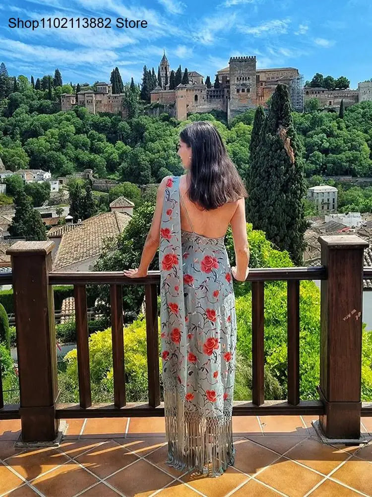 Vestidos elegantes de una pieza para mujer, sin mangas, con cuello tipo bufanda, espalda descubierta, estampado y borlas.