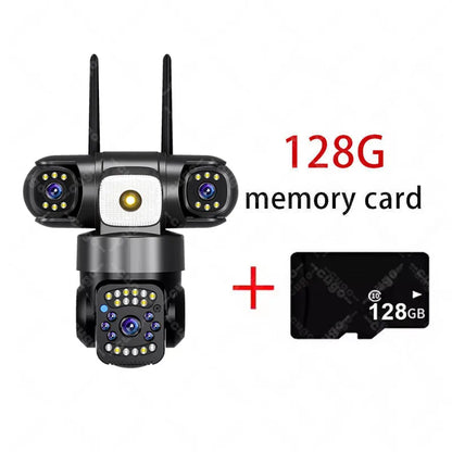Cámara IP WiFi de 15 MP y 8K con tres lentes, resistente al agua y con carga solar para exteriores. Incluye visión nocturna, audio bidireccional y detección humana. Cámara de seguridad CCTV.