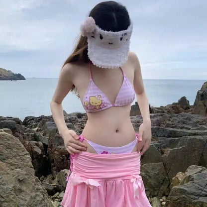 Conjunto de bikini Miniso Hello Kitty Kawaii con cordones, sujetador halter a rayas, ropa interior de dos piezas estilo Y2K, traje de baño Lolita rosa para niñas