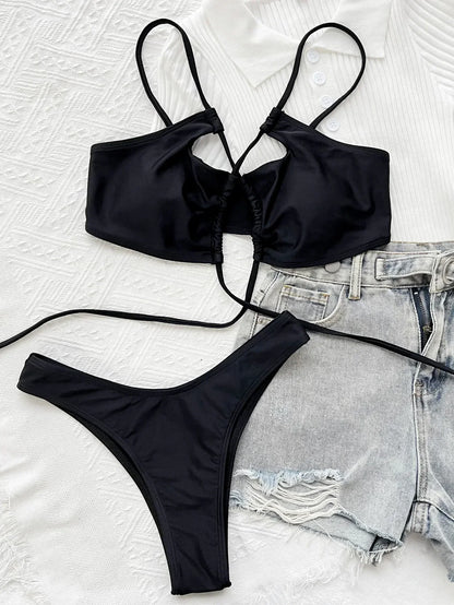 Bikini 2025 Sexy Swimwear Swimsuit Women Black Hollow Cross Straps Bikinis Set Bathing Suit Beach Bikini Female Banadores Mujer