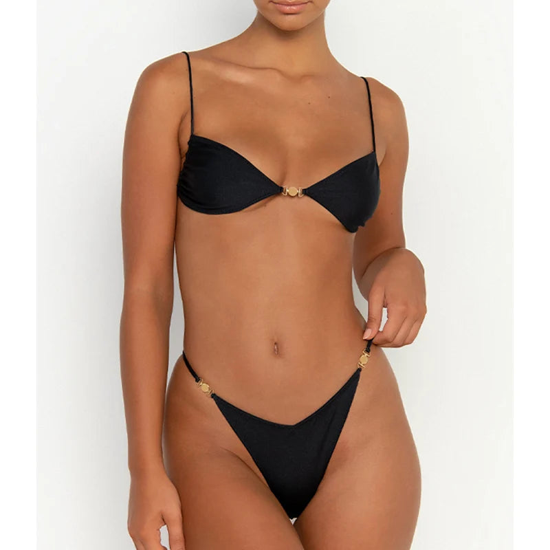 Traje de baño para mujer, bikini sexy de un solo color con lazos, tangas, trajes de baño de color liso, ropa de playa, bikini brasileño de verano 2024