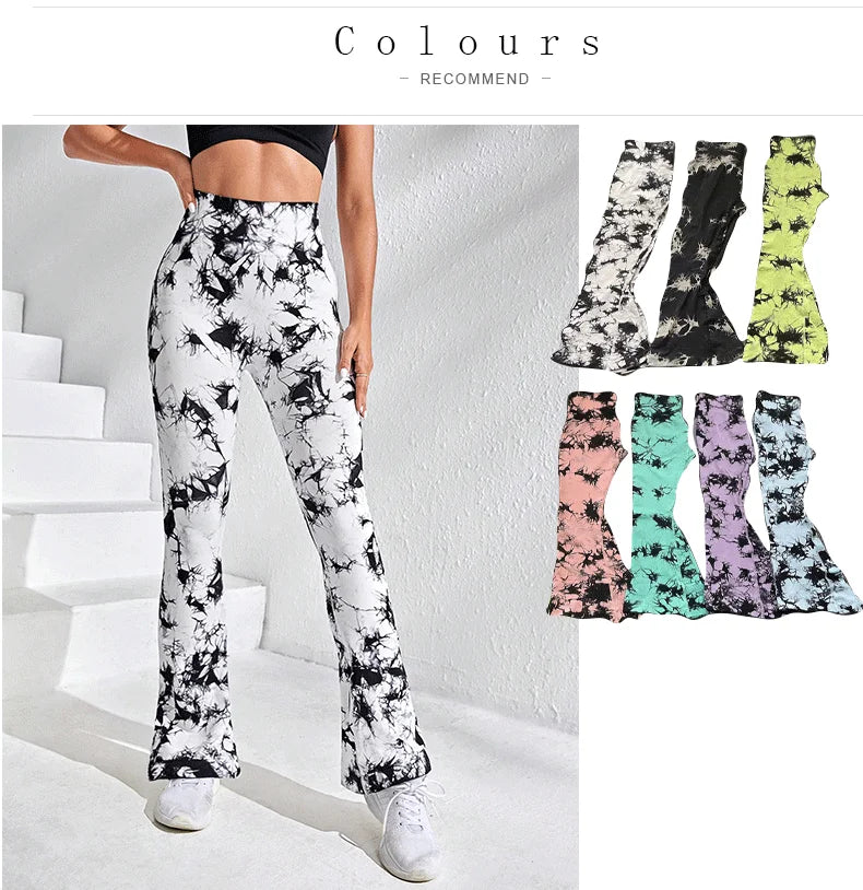 Women Tie Dye Flared Pants Knit Seamless Leggings High Waist Butt Lift Fitness Pants Gym Yoga Cycling Slim Fashion Flared Pants