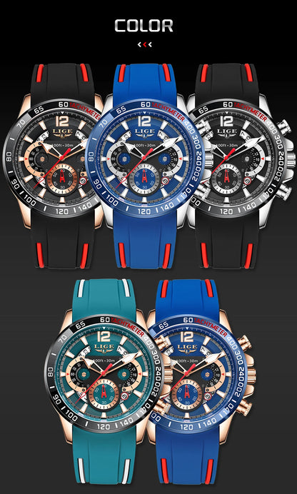 Reloj LIGE original para hombre, deportivo, de negocios, multifuncional, con calendario y código de tiempo, correa de silicona, reloj de cuarzo de marca de lujo para hombre