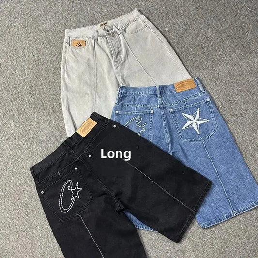 Pantalones vaqueros cortos de cinco puntas con bordado de estrellas estilo retro vintage de High Street Corteiz Devil Island para hombre
