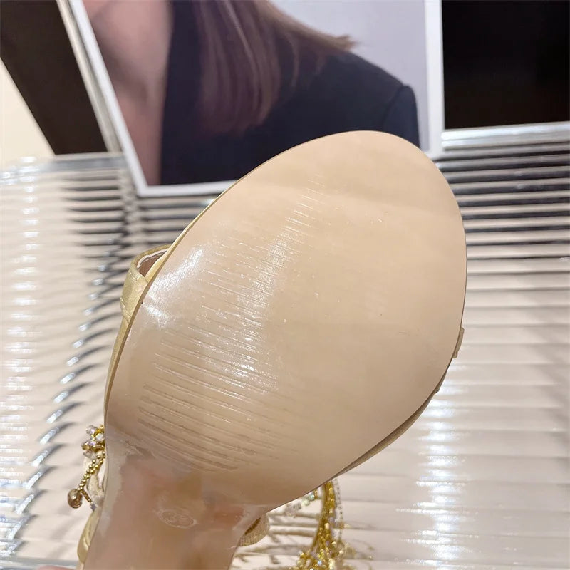 Liyke - Elegantes zapatos de boda para mujer, con borlas de cristal, sandalias de tacón de aguja con punta abierta y tacones de stripper dorados