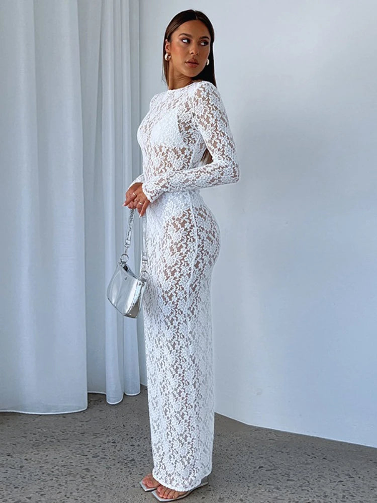 Vestido playero elegante y sexy de punto calado para mujer, moda de verano 2025, estilo vacacional, bikini de manga larga con capucha y encaje