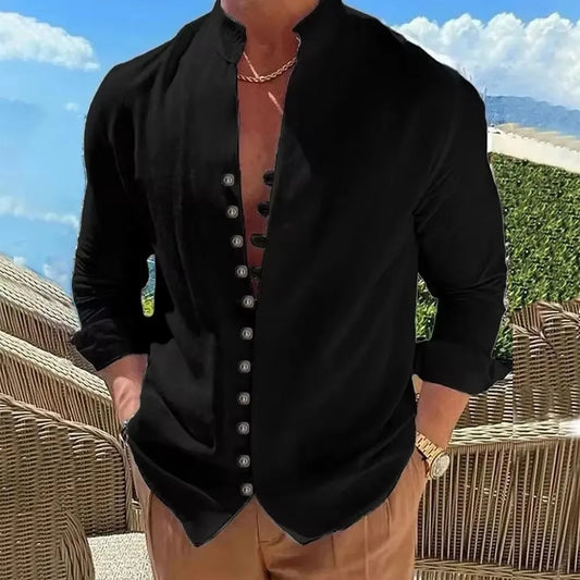 Camisa de lino y algodón para hombre, de primavera y otoño, gran oferta, camisas de manga larga para hombre, color liso, con botones, estilo informal, talla grande