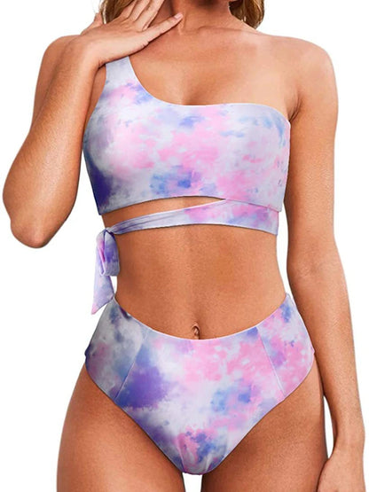Bikini de un solo hombro para mujer, traje de baño dividido, color liso, traje de baño de playa de verano, traje de baño para mujer