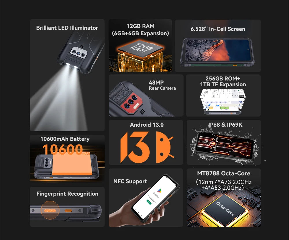 Cubot KingKong 8, smartphone Android resistente al agua y a los golpes, 12 GB de RAM (6 GB + 6 GB), 256 GB de ROM, batería de 10600 mAh, NFC, procesador de ocho núcleos, 4G, OTG.