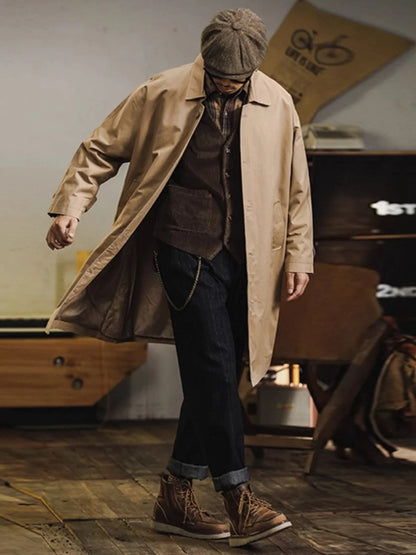 Retro American Sle Men's Long Coat Cotton Casual Faion Urban Youth Pure Color Button up Loose Fit Autumn Winter Coat