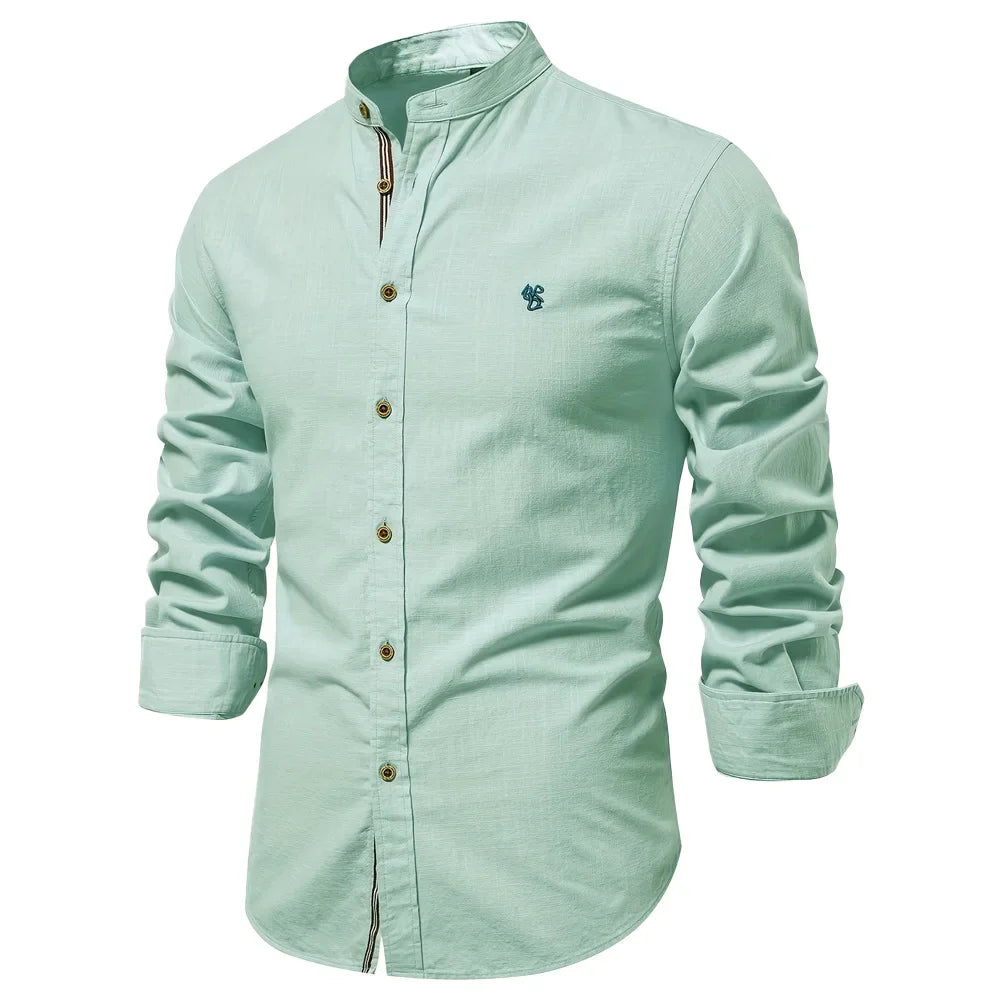Camisa de lino 100% algodón para hombre, camisas de marca con bordado de color liso, blusas informales de manga larga de alta calidad con botones