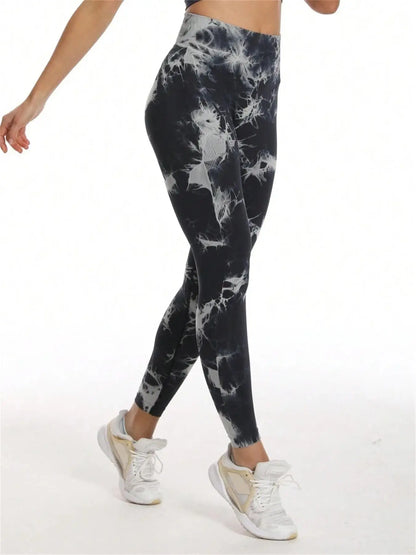 All Seasons Women's Tie Dye Print High Waist Sports Leggings, Breathable Wide Waistband Seamless Skinny Pants for Gym Workout