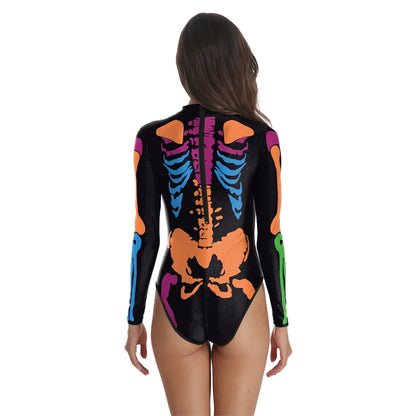 [You're My Secret] Halloween Costume Cosplay Skeleton Print Zenti Bodysuits Carnival Party Jumpsuit Outfit Women Day of The Dead