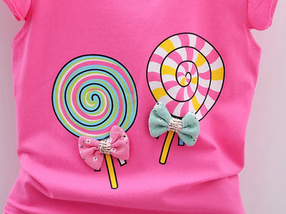 Conjuntos de ropa para niñas pequeñas, camisetas y pantalones cortos, conjuntos de ropa de verano con estampado de piruletas.