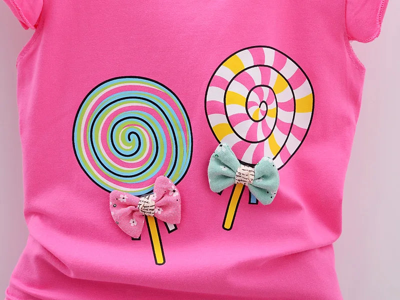 Conjuntos de ropa para niñas pequeñas, camisetas y pantalones cortos, conjuntos de ropa de verano con estampado de piruletas.