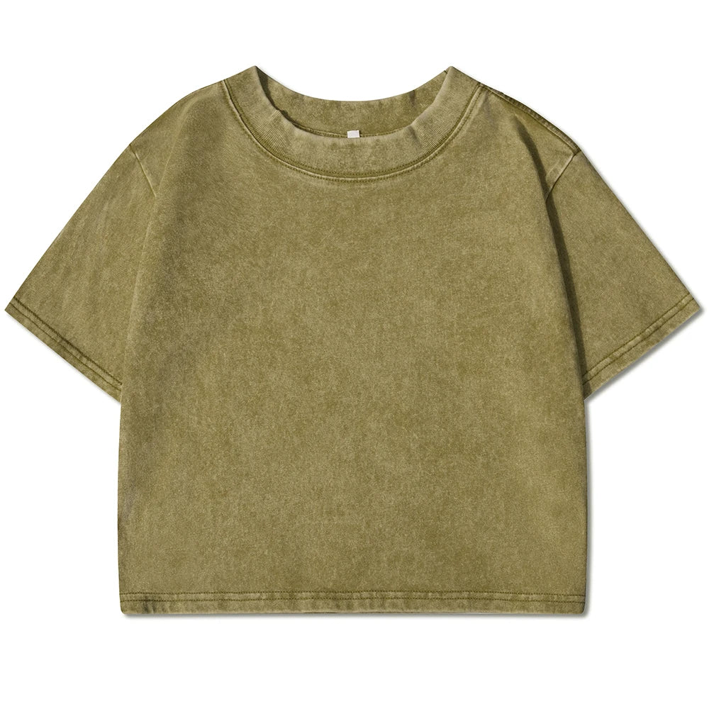 Camiseta lavada ajustada y lisa, moda femenina, algodón suave, ropa de calle, informal, deportiva, de manga corta, estilo retro, para mujer