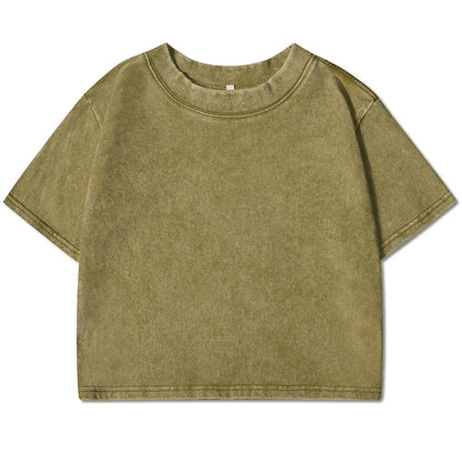 Camiseta lavada ajustada y lisa, moda femenina, algodón suave, ropa de calle, informal, deportiva, de manga corta, estilo retro, para mujer